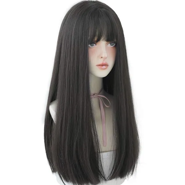 URCGTSA Long Black Synthetic Hair Natural Long Straight Wig With Bangs Party Cosplay Wig for Women（Black brown 23Inch） - Black brown