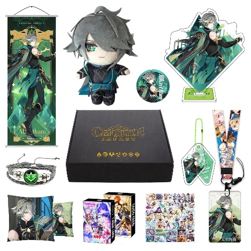 MOTAO Genshin Impact Box Xiao Hu Tao Qiqi Merch Set - Doll, Poster, Pillowcase, Stand Figure, Bracelet, Badge, Keychain, Card Cover, 30 Lomo Cards, 50 Stickers (Al Haitham)
