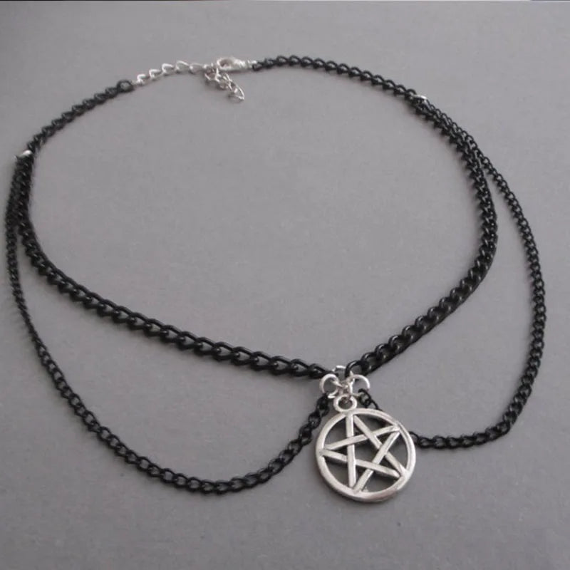 Black Goth Witch Pentagram Choker - Antique Silver Plated