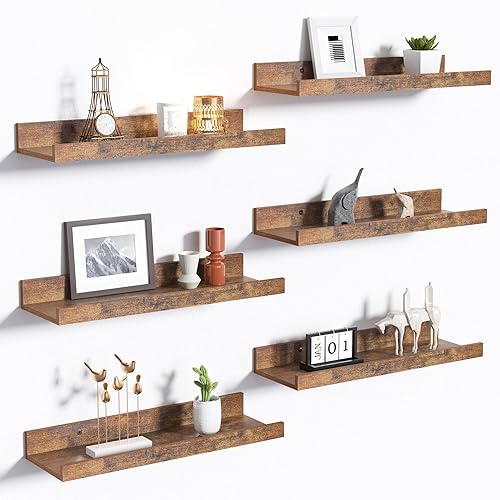 upsimples Floating Shelves for Wall, Wood Mounted Shelf Decor Storage Set of 6, for Bedroom, Living Room, Bathroom, Kitchen, Picture Ledge, Brown - Brown - 15.7in