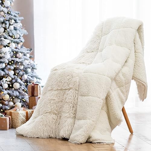 Wemore Shaggy Long Fur Faux Fur Weighted Blanket, Cozy and Fluffy Plush Sherpa Long Hair Blanket for Adult 15lbs, Fluffy Fuzzy Sherpa Reverse Heavy Blankets for Bed, Couch, Cream White, 60 x 80 Inches - Cream - 60" x 80" 15lbs