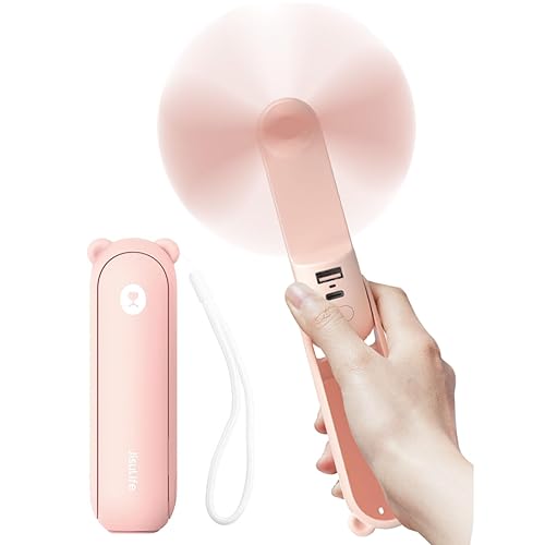 JISULIFE Hand Portable Fan with 4500 mAh Power Bank, 13-46 Hrs Runtime, Battery Operated Folding Pocket Fan, 3 Speeds, Enhanced Airflow, Rechargeable Quiet Mini Fan for Home, Outdoor - Pink - Pink