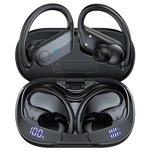 Wireless Earbuds Bluetooth Headphones 80Hrs Playtime Sport Earbuds Noise Cancellation HiFi Stereo Sound with LED Dispaly, IPX7 Waterproof Bluetooth Earbuds with Earhooks for Running Workout Gym, Black - Black