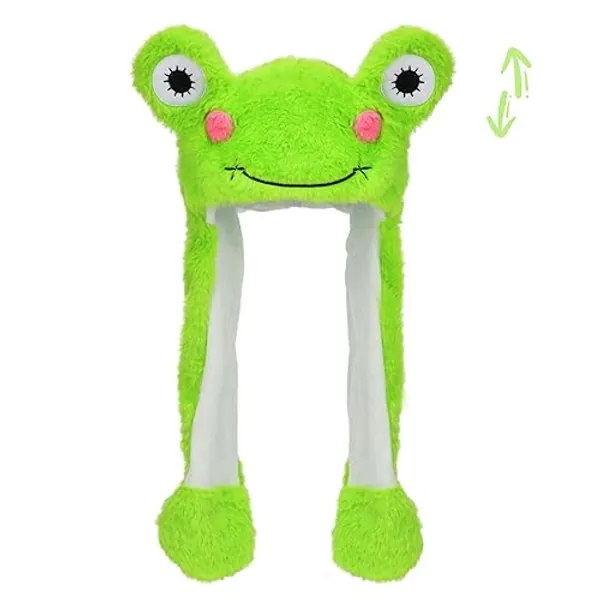 Bubblepompom Animal Hat with Ears Moving Jumping Pop Up Beating Hat Plush Holiday Cosplay Dress Up Funny Gift for Kids - Frog