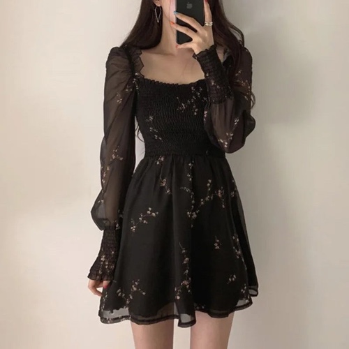 'New Age' Goth Black Vintage Flower Dress - Black / S
