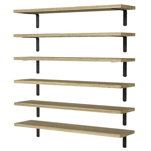 WOPITUES Wood Floating Shelves Set of 6, 24 inch Long Floating Shelves for Wall Decor, Farmhouse Shelf for Bedroom, Bathroom Storage Shelves, Book Shelves for Living Room - Rustic Brown - 24 inches - Rustic Brown