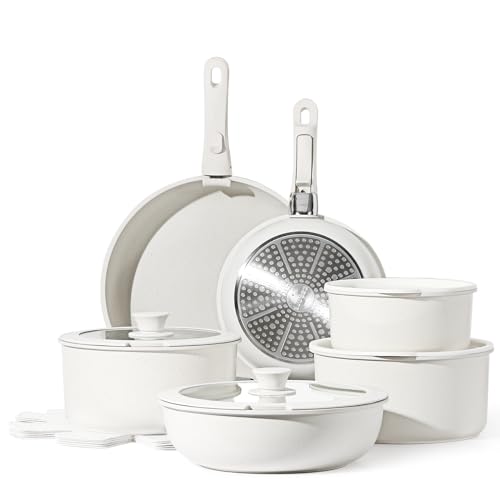 CAROTE 17pcs Pots and Pans Set, Nonstick Cookware Set Detachable Handle, Induction Kitchen Cookware Sets Non Stick with Removable Handle, RV Cookware Set, Oven Safe, Saucepan Set - 17 pcs Granite Set - Cream White