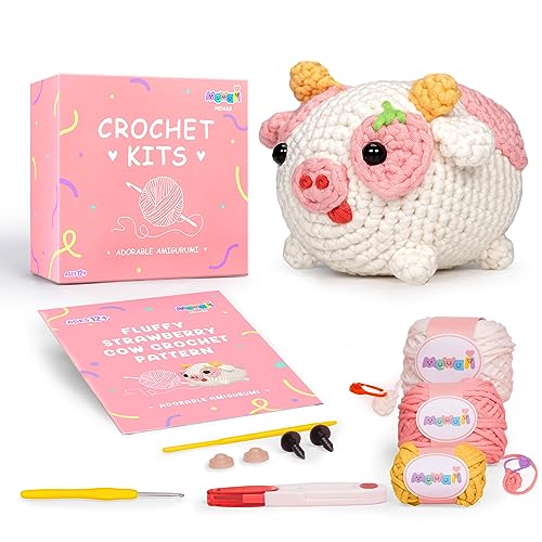 Mewaii Crochet Kit for Beginners, Complete DIY Kit Animals with 40%+ Pre-Started Tape Yarn Step-by-Step Video Tutorials for Adults Kids (Fluffffy Cow) - Fluffffy Cow