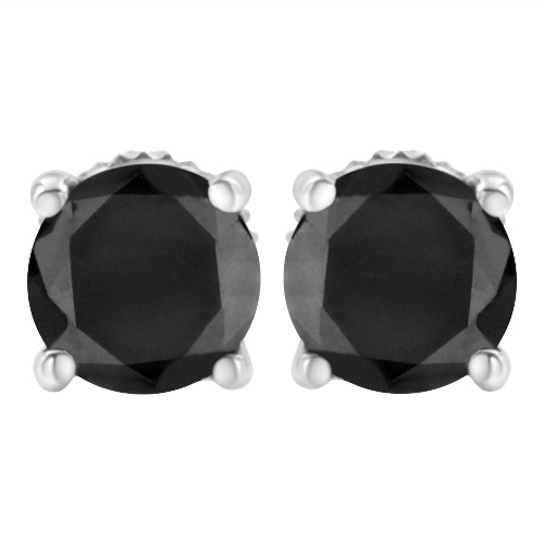 .925 Sterling Silver Round Brilliant-Cut Black Diamond Classic 4-Prong Stud Earrings with Screw Backs (Fancy Color-Enhanced, I2-I3 Clarity) - 2