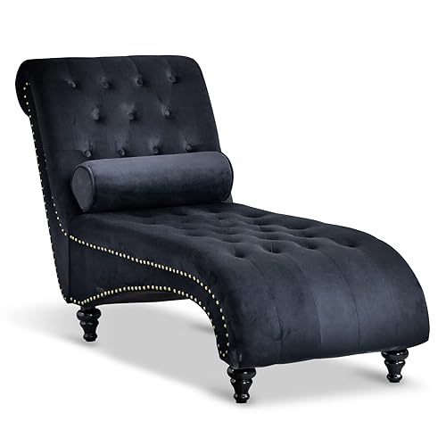 Paddie Velvet Button-Tufted Chaise Lounge Chair Indoor Leisure Sofa Couch w/Bolster Pillow, Nailhead Trim and Turned Legs for Indoor Living Room (Black) - Black