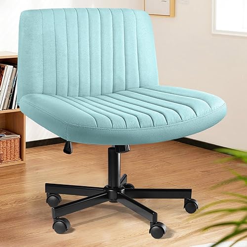 LEMBERI Criss Corss Chair with Wheels,Fabric Padded Armless Wide Office Desk Chairs,120° Rocking Swivel Mid Back Computer Task Vanity Chair for Home Office, Small Space - Mint Green - With Wheels