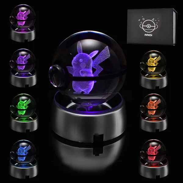 AMESI 3D Crystal Ball LED Night Light - 7 Color Pokeball Light Terrarium for Christmas Gifts & Birthday Gifts Ideas for Children Girl Boy - pikachu
