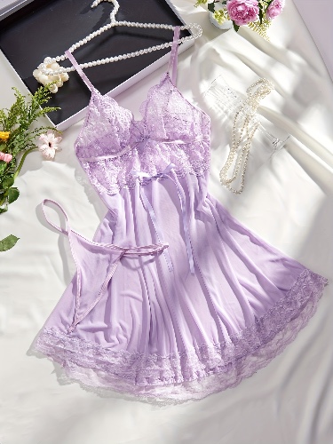   Lace Lingerie Set Deep V Bow Knot Semi Sheer - Temu