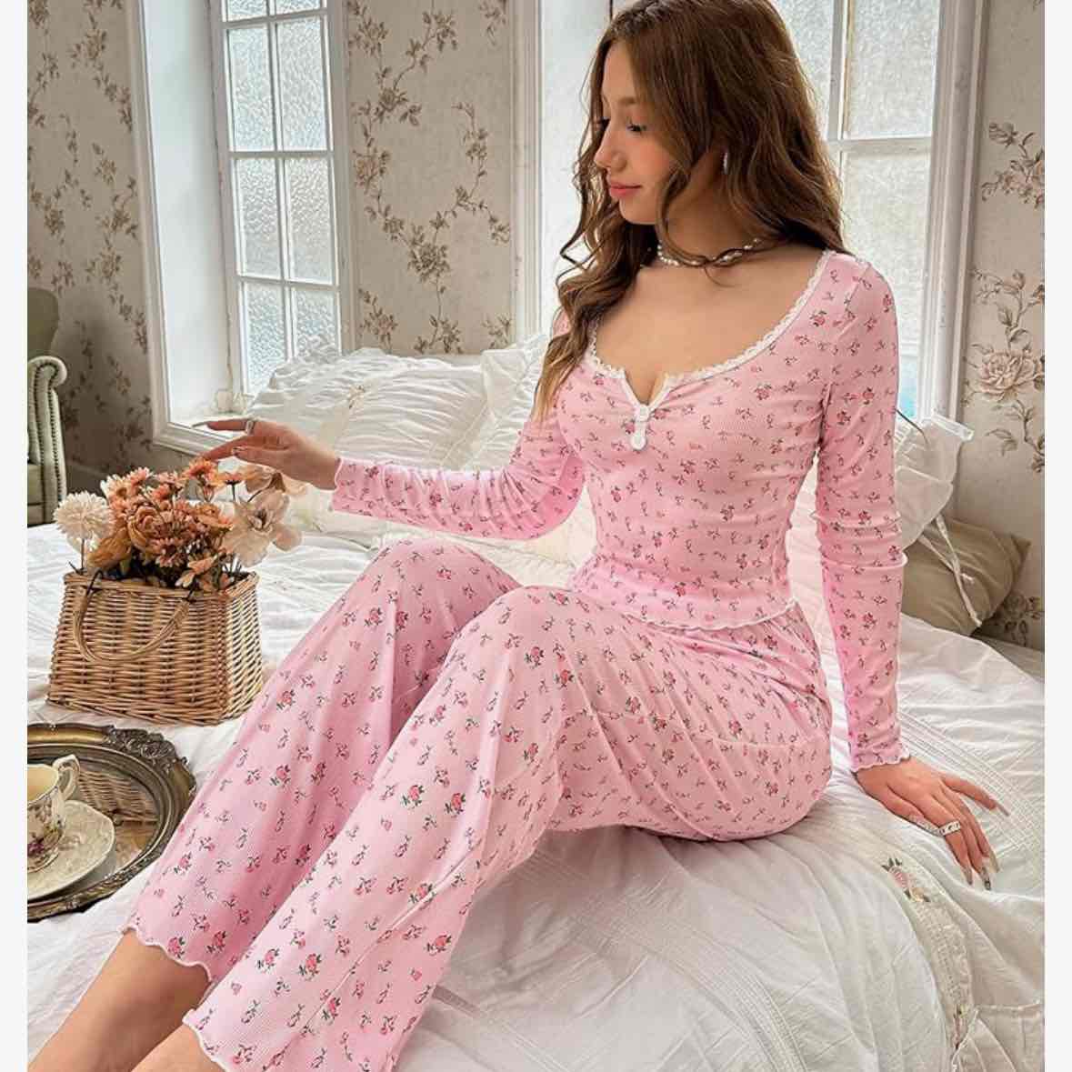 SHENHE Women's 2 Piece Pajama Sets Floral Ribbed Cute Pajama Long Sleeve Crop Top and Pant Lounge Set
