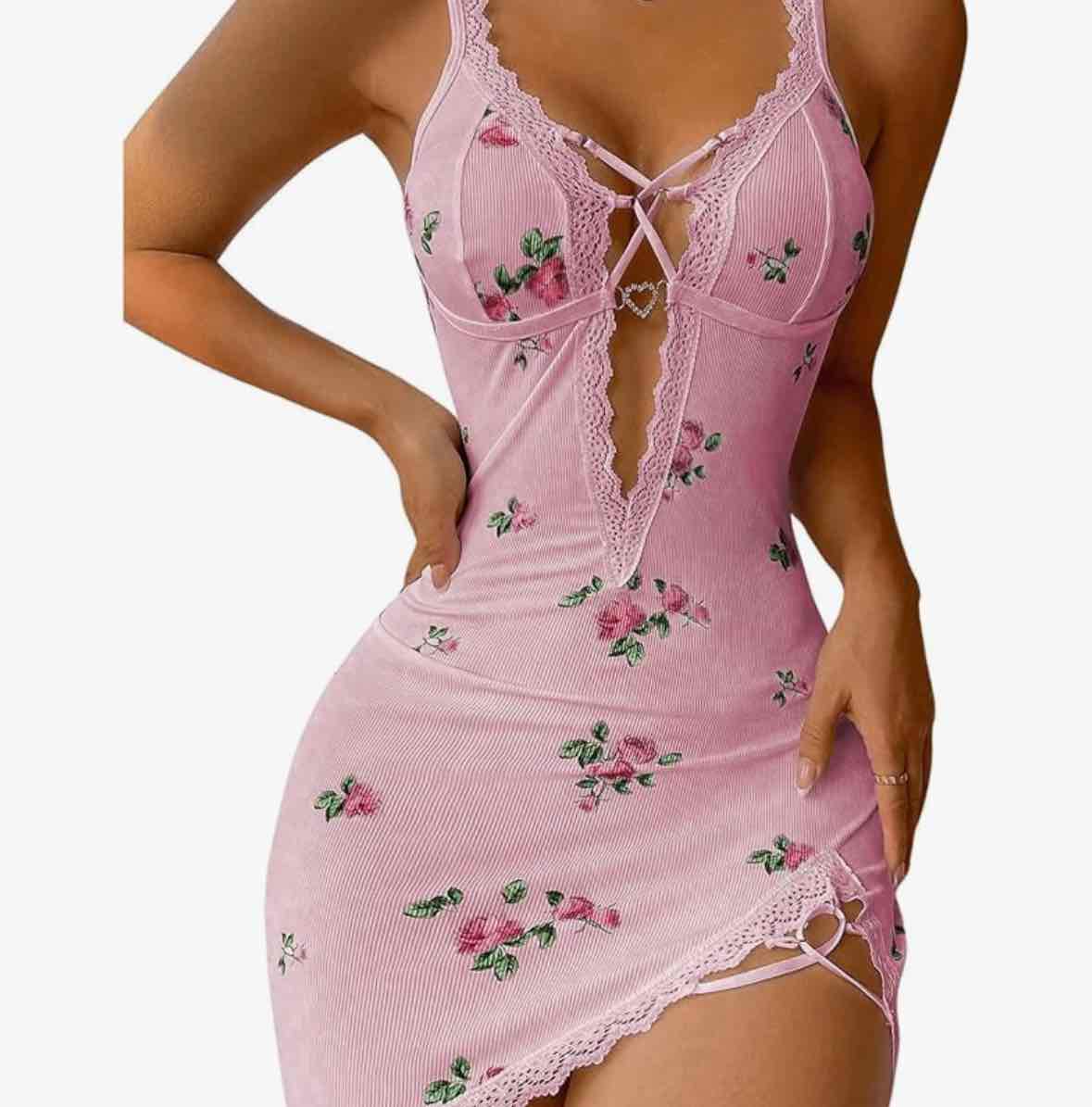 SHENHE Women's Ribbed Deep V Neck Floral Print Lace Trim Sexy Nightgown Chemise Slip Dress