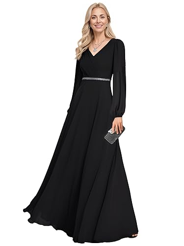 Ever-Pretty Women's Formal Dresses Long Sleeve V Neck Empire Waist A Line Beading Floor Length Wedding Guest Dress 01981 - 16 - Black