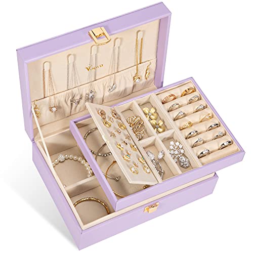 Voova Jewelry Box Organizer for Women Girls, 2 Layer Large Men Jewelry Storage Case, PU Leather Display Jewellery Holder with Removable Tray for Necklace Earrings Rings Bracelets,Vintage Gift,Lavender - Lavender