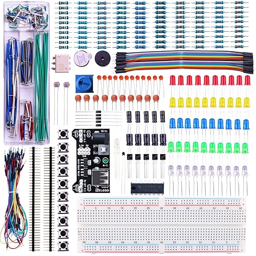 ELEGOO Kit Mejorado de Componentes Electrónicos con Módulo de Alimentación, Placa de Prototipos (Protoboard) de 830 Pines, Cables Puente, Potenciómetro, STM32, Raspberry Pi, para Arduino IDE - E3