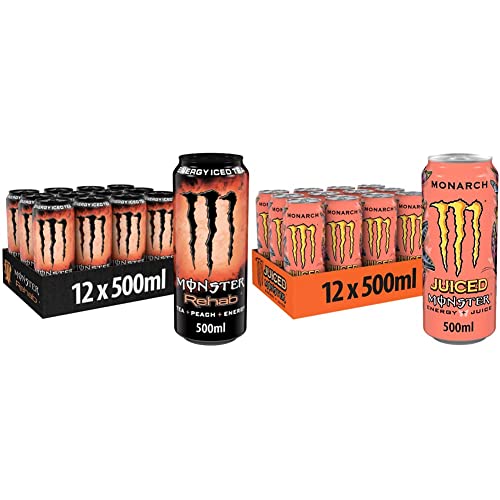 Monster Energy Rehab Peach - koffeinhaltiger Energy-Eistee mit Pfirsich-Geschmack & Monarch - koffeinhaltiger Energy Drink mit fruchtigem Geschmack aus Pfirsich und Nektarine - Bundle mit Pipeline Punch