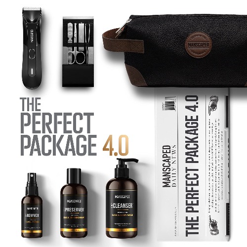 MANSCAPED™ Perfect Package 4.0 Set mit: The Lawn Mower™ 4.0 elektrischer Herren-Haartrimmer, Intim-Deo-Lotion, Intim-Duschgel für Männer, Body Toner, Nagelpflege-Set, Kulturbeutel, 3 Rasierunterlagen