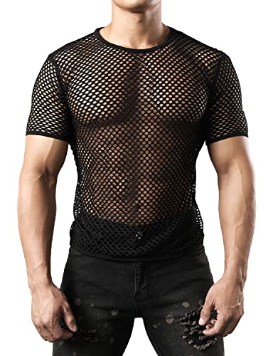 JOGAL Herren Muskel Transparent Kurzarm Shirts Netz Hemd - S - Schwarz