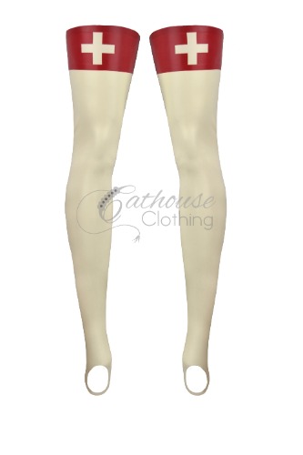 Latex nurse stockings | large / Jade green/translucent natural/red