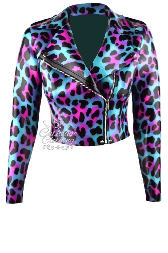 Latex cheetah print biker jacket | large / Aqua/magenta