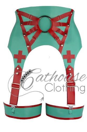 Clinic Goddess Suspender belt | Large / Jade green & red / With leg straps