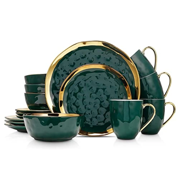 Stone Lain Porcelain 16 Piece Dinnerware Set, Service for 4, Green and Golden Rim