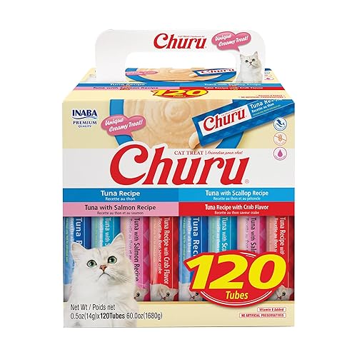 INABA Churu Cat Treats, Lickable, Squeezable Creamy Purée with Vitamin E, 0.5 Ounces per Tube, 120 Tubes Total, Tuna Variety - Tuna Variety - 0.5 Ounce (Pack of 120)