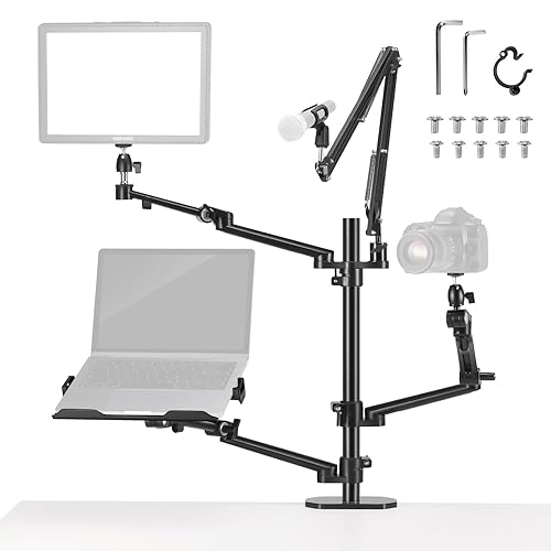 NEEWER Overhead Camera Stand Desk Mount Rig with 4 Boom Arms for Photography Video Light Ring Light Phone Mount Webcam Mic Compact DSLR for Live Streaming Broadcast Online Teaching Meeting, DS007 - DS007