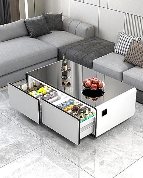 LIVTAB Smart Coffee Table, 27.8" D x 51" W x 18.1" H, Living Room Table with Built in Fridge and Speakers, Smart Table with 15W Wireless Charging, USB Chargers and 110V Outlets (White)