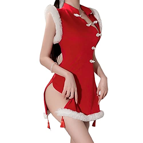 SINROYEE Women's sexy santa christmas lingerie Cosplay Christmas Dress Costume Nightwear Outfits - Christmas Cheongsam