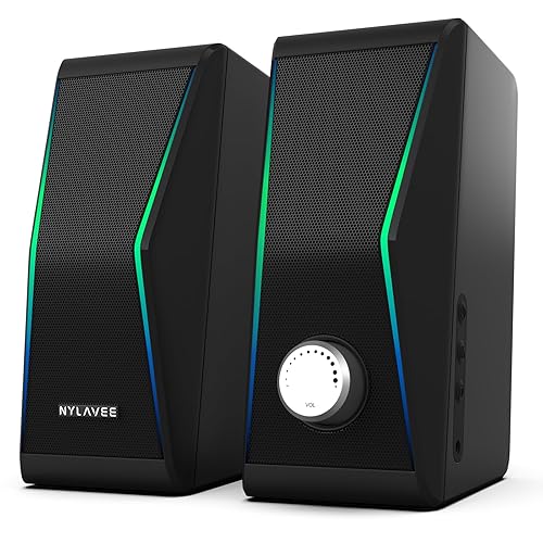 Computer Speakers, Bluetooth 5.0 Hi-Fi Stereo PC Speakers, 4 Dynamic Lighting Modes Speakers for PC, AC Adapter Powered and 3.5mm AUX-in Computer Speakers for Desktop Monitor, Laptop, Tablet, Phone - AC powered