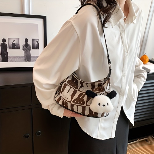 Cartoon Bunny Graphic Shoulder Bag, Cute Canvas Crossbody Bag, Zipper Hobo Bag For Women