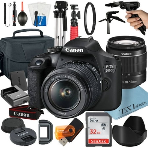 Canon EOS 2000D / Rebel T7 DSLR Camera Bundle with 18-55mm Zoom Lens + 32GB SanDisk Card + Case + Tripod + ZeeTech Accessory