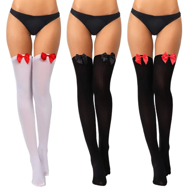 3 Pairs Women Bow Lace Thigh High Stockings Over The Knee Socks for Halloween Valentine's Day Dress Daily Favors