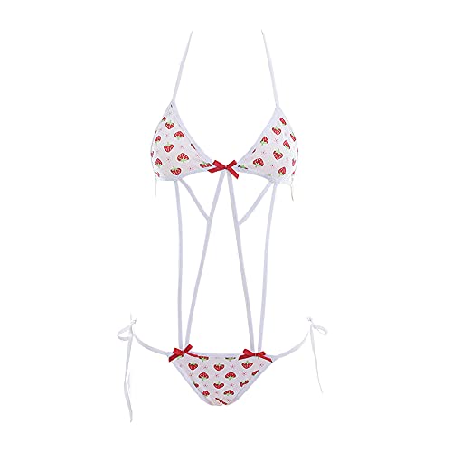 SINGUYUN Sexy Strawberry Lingerie Micro Bikini Japanese Anime Cosplay Swimsuit Thong Pajama Set - 362white Red