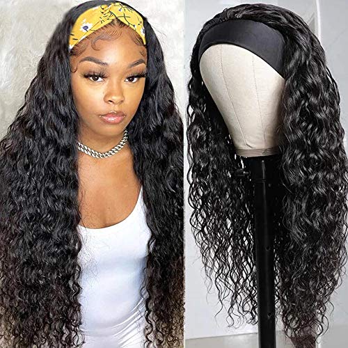 Urgirl Wet and Wavy Headband Wigs Human Hair Brazilian Virgin Hair Water Wave Headband Wigs for Black Women 150% Density Glueless Non Lace Front Wigs Half Wig with Headband Curly Hair Band Wig 18inch - 18 Inch (Pack of 1) - water wave headband wig