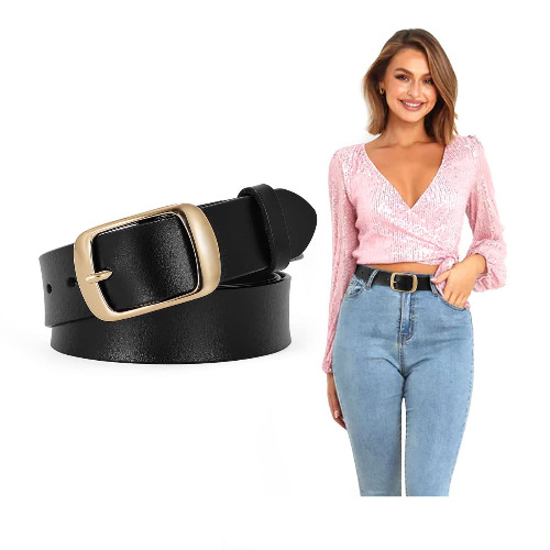 SUOSDEY Fashion Womens Genuine Leather Belt, Cowhide Waist Belt with Pin Buckle for Jeans Pants - 05-black (Gold Buckle) - Medium: fits waist from 31"-37"