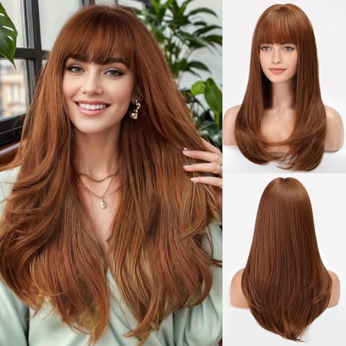 EMMOR Strawberry Blonde Wig With Bangs For Women Long Straight Wigs Auburn Layered Synthetic Layered Hairstyle For Girls Party Cosplay And Daily Use(26" Copper Brown) - Copper Brown