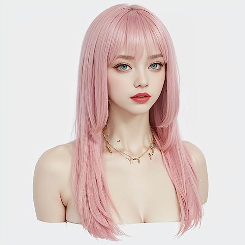 Sleekcute Long Straight Pink Wig with Bangs for Women 22 Inch Wig for Ryomen Sukuna Cosplay with Face tattoos, Synthetic Heat Resistant Fiber Wig with Skinlike HD Wig Cap for Girls Daily Use - Ryomen Sukuna-Jujutsu Kaisen
