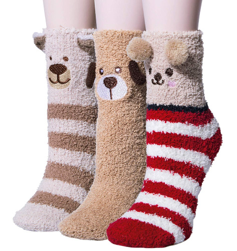 Loritta 3 Pairs Womens Fuzzy Socks Winter Warm Fluffy Soft Slipper Home Sleeping Cute Animal Socks - Mix Color 02
