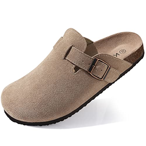 KIDMI Women's Suede Clogs Leather Mules Cork Footbed Sandals Potato Shoes with Arch Support - 7 - Taupe