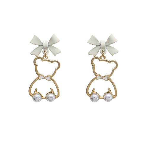 Cute Bow Earrings Little Bear Drop Earrings Pearl Stud Earrings Sweet Wedding Jewelry Birthday Gift for Women - Gold