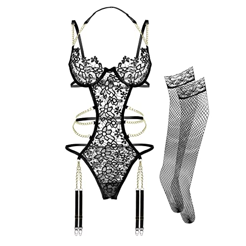 Women Lingerie Set Floral Lace Teddy Strap Chain Babydoll Bodysuit Bra and Panty Set with Garter Belts - Medium - Black