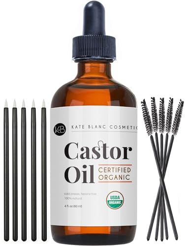 Kate Blanc Cosmetics Organic Castor Oil (4oz). 100% Pure, Cold Pressed, Hexane Free in a Glass Bottle. Stimulate Growth for Eyelashes, Eyebrows, Hair. Skin Moisturizer & Oil Cleanse with Starter Kit - 4 Fl Oz (Pack of 1)