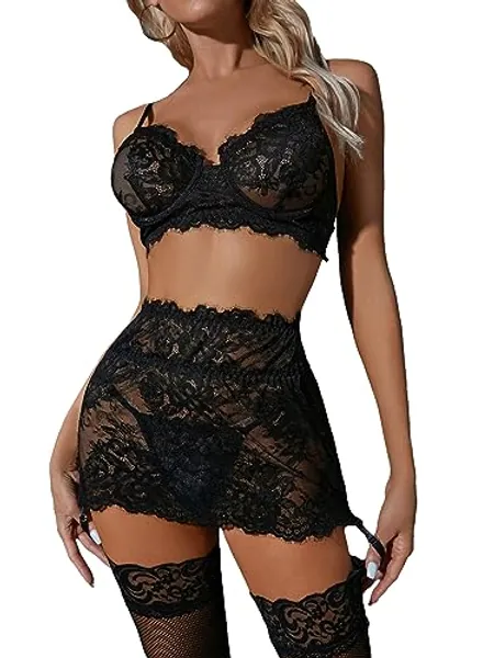 COZYEASE Women's Floral Lace Underwire Garter Lingerie Set Spaghetti Strap V-Strings Lingerie Set with 1Pair Stocking