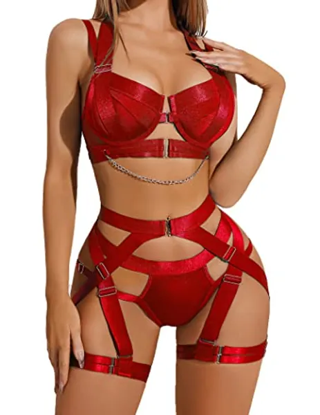 Avidlove Lingerie Set for Women Sexy Strappy Lingerie Underwire Push Up Bra Garter Set Lingerie with Chain