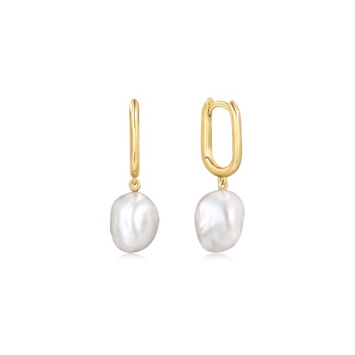 OVAL HUGGIE HOOPS WITH PEARL DROP EARRINGS - 14k Gold Vermeil